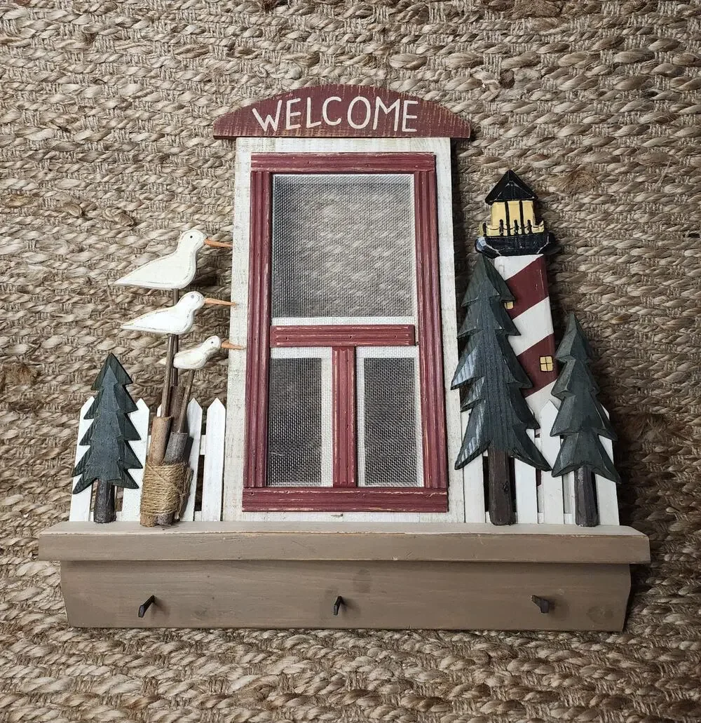 Wooden Rustic Style Nautical Coastal Lighthouse Beach House Wall Decor key Hooks